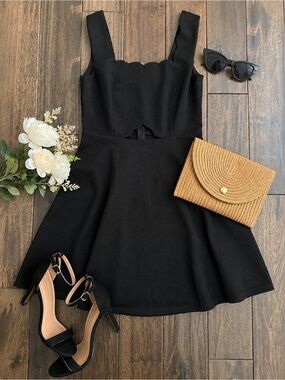 Francesca’s Alya Black Textured Fit & Flare Dress NWT Size S Scalloped Neckline
